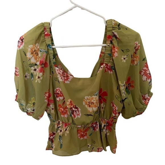NWT ESSUE Green Floral Puff Sleeve w/ Front Tie Women S Small - Picture 3 of 6